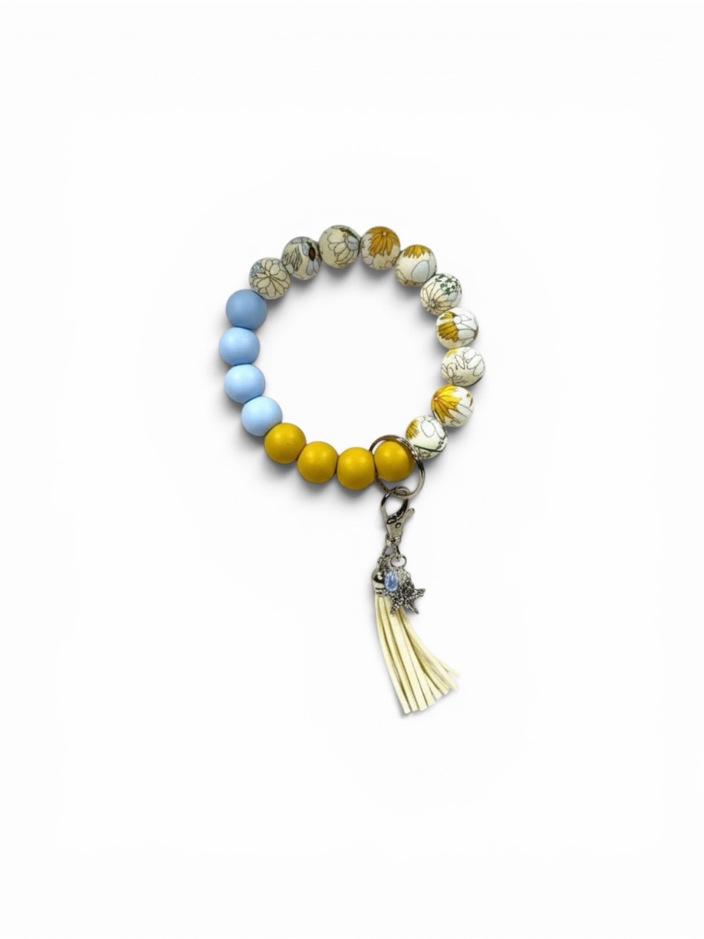 Handmade Blue & Yellow Beaded Wristlet Keychain with Tassel Charm